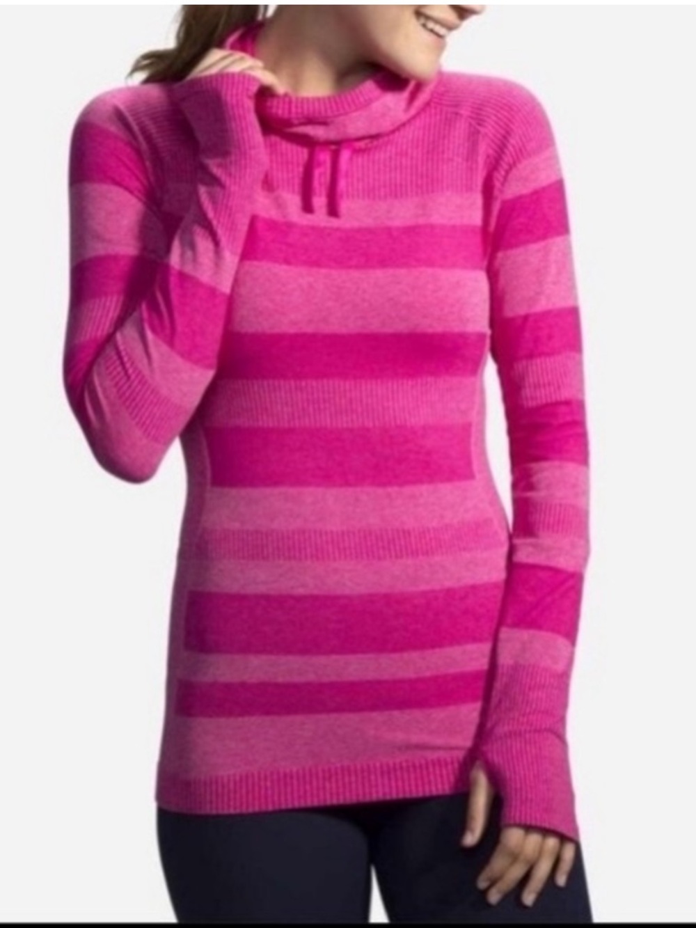 NWOT Brooks Run Happy Streaker' Seamless Hoodie Long Sleeve Stripes Medium Pink